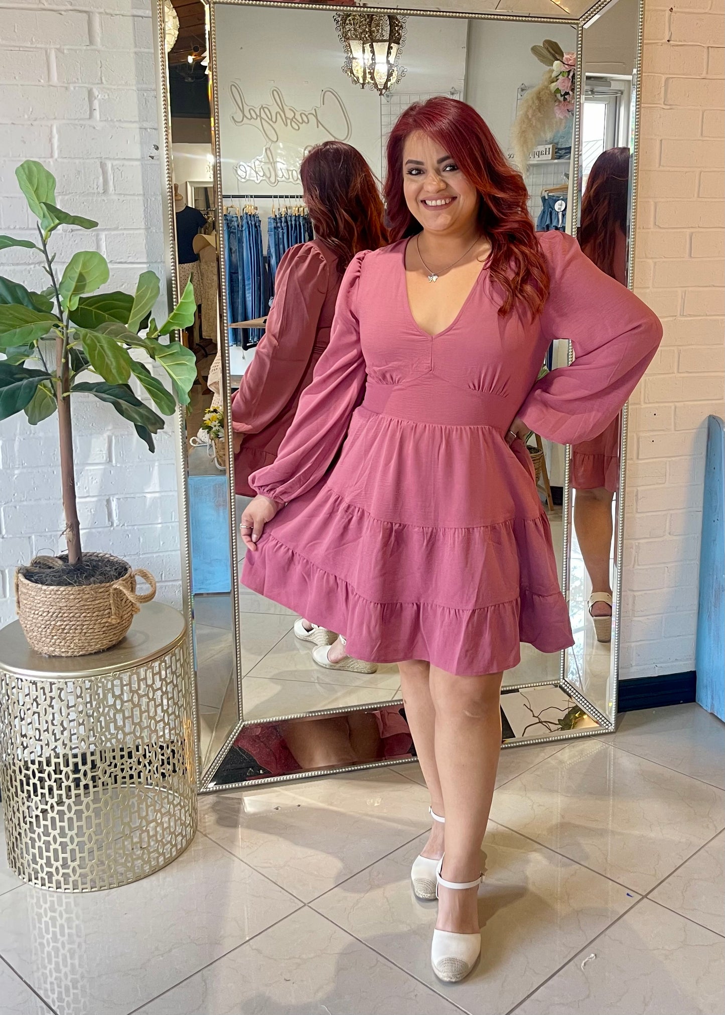 Full Heart Long Sleeve Mini Dress- Mauve