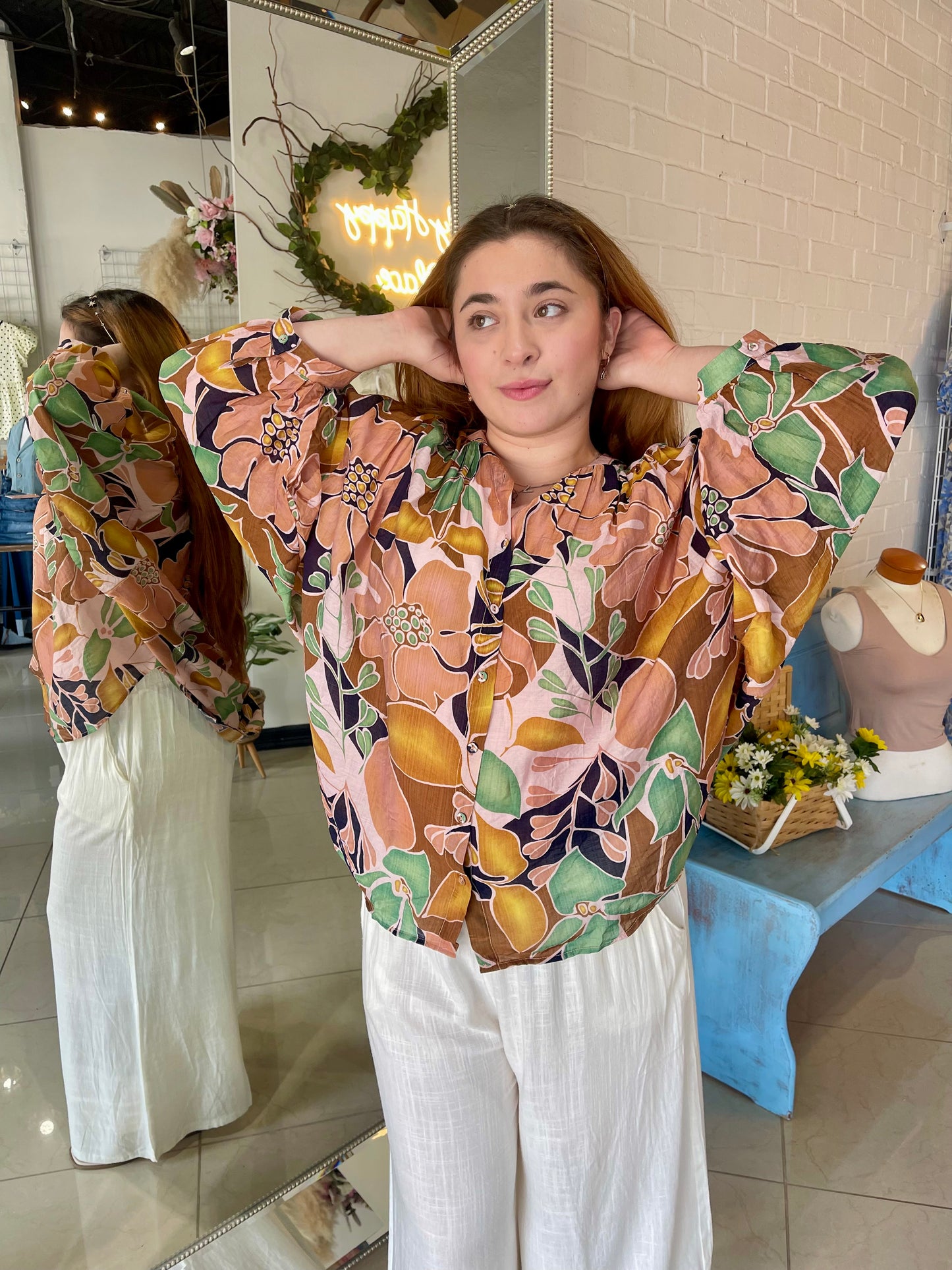 In Bloom Long Sleeve Blouse- Navy
