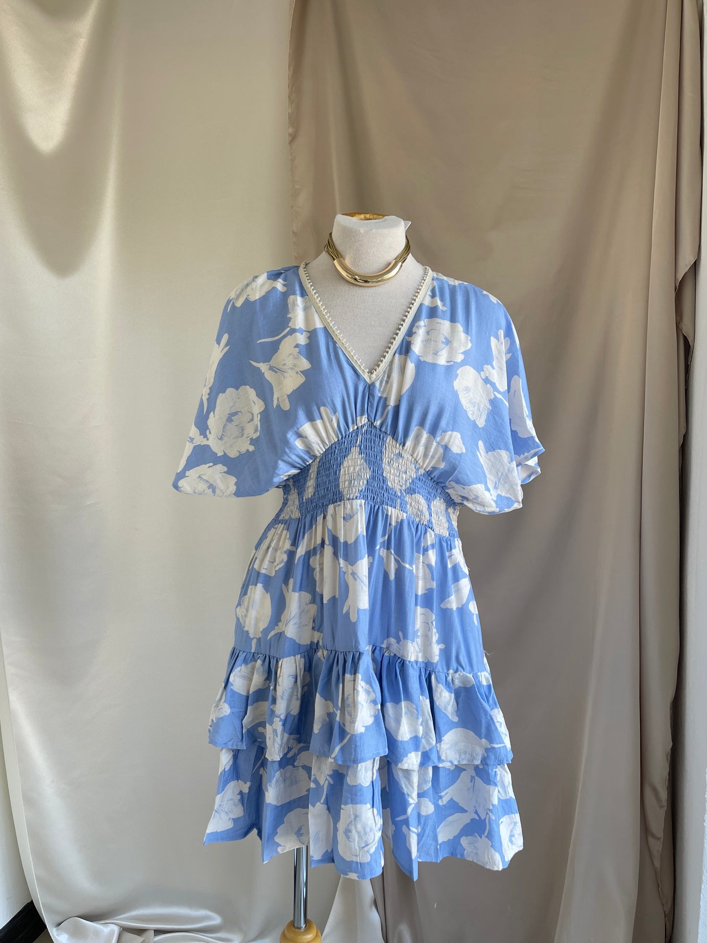 Stealing Looks Smocked-Tiered Mini Dress- Lt Blue