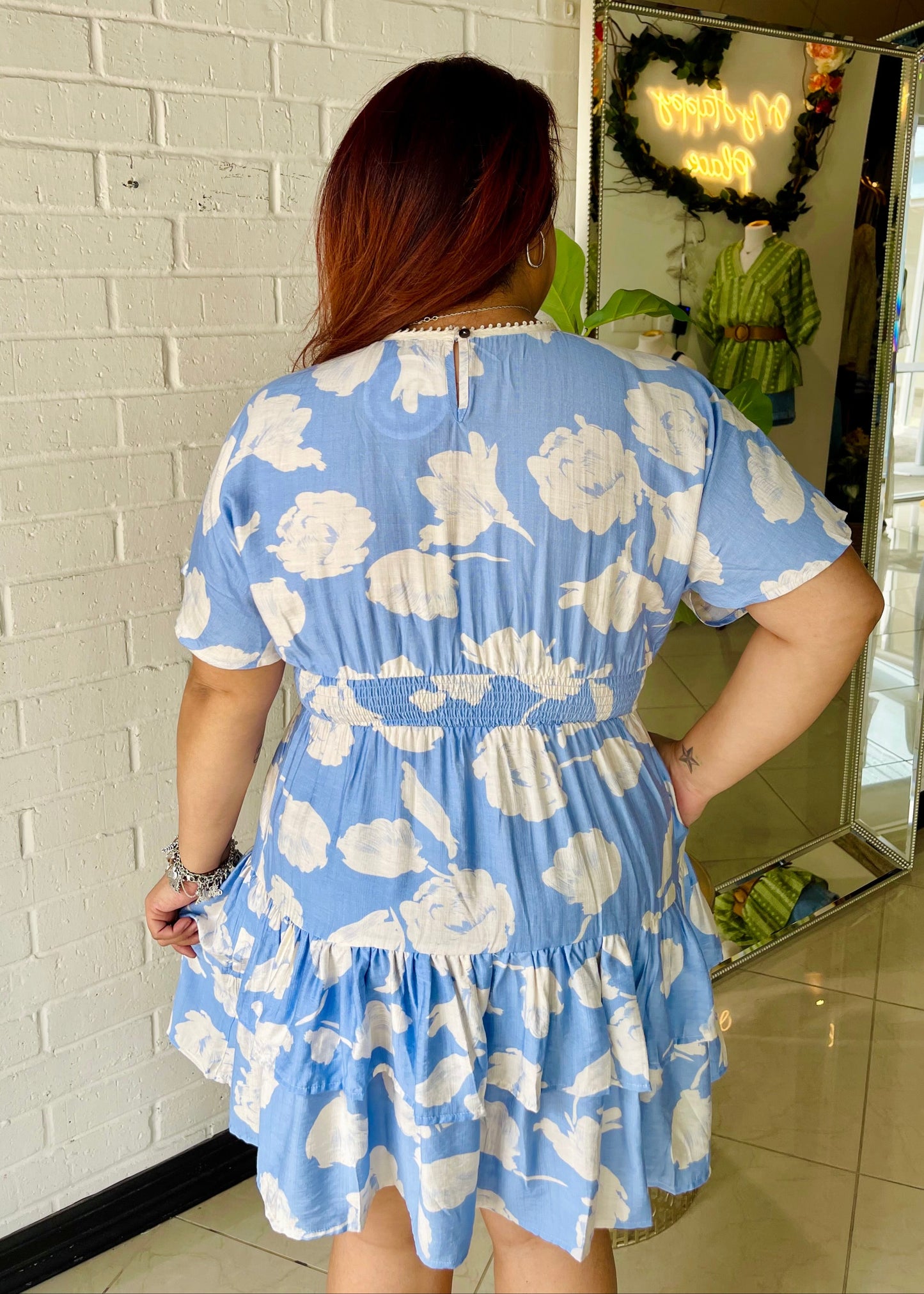 Stealing Looks Smocked-Tiered Mini Dress- Lt Blue