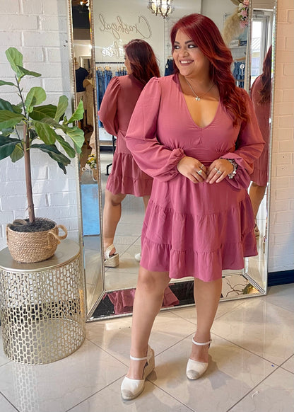 Full Heart Long Sleeve Mini Dress-  Mauve