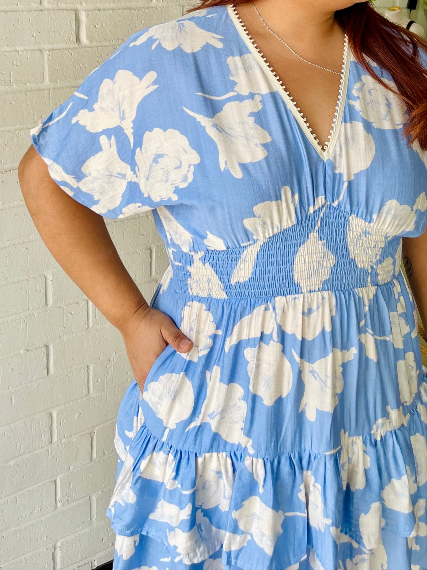 Stealing Looks Smocked-Tiered Mini Dress- Lt Blue