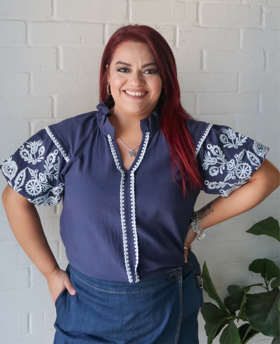 Day Dream Embroidered Top- Navy