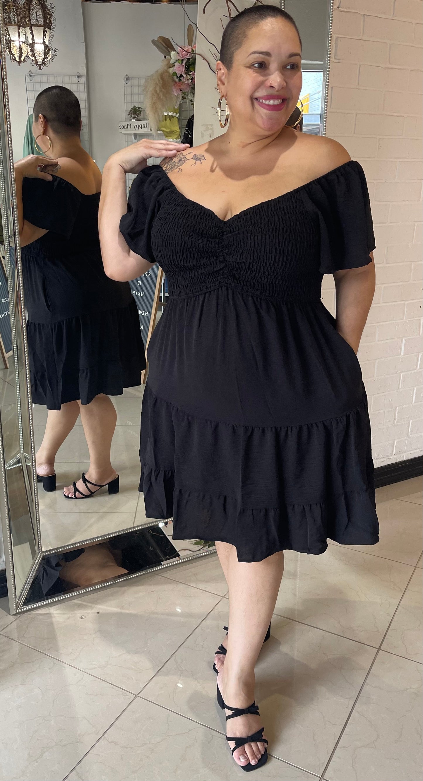 The Carrie Smocked Mini Dress - Black