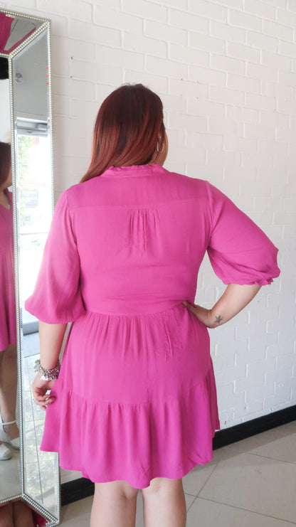 The Cora Babydoll Mini Dress- Hot Pink