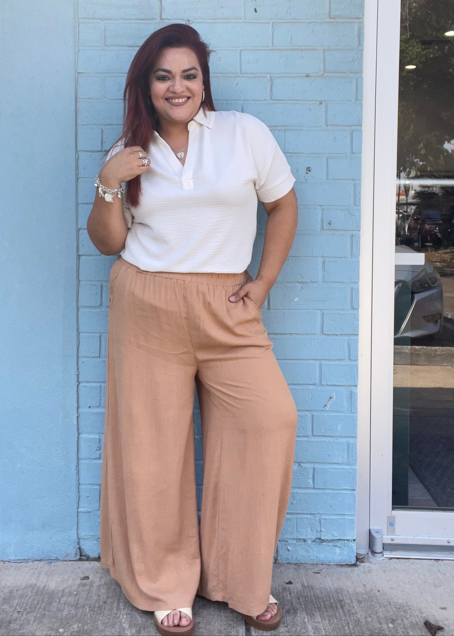 The Mayra Wide-Leg Linen Pants ( Petite Friendly)- Camel
