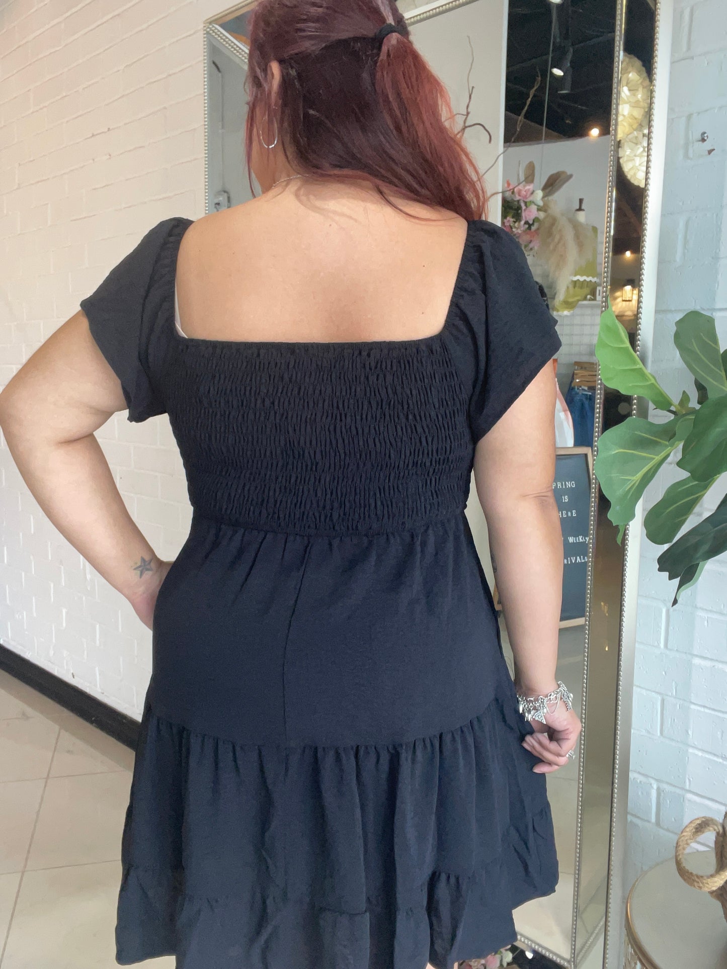The Carrie Smocked Mini Dress - Black