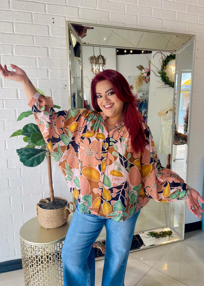 In Bloom Long Sleeve Blouse- Navy