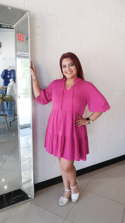 The Cora Babydoll Mini Dress- Hot Pink