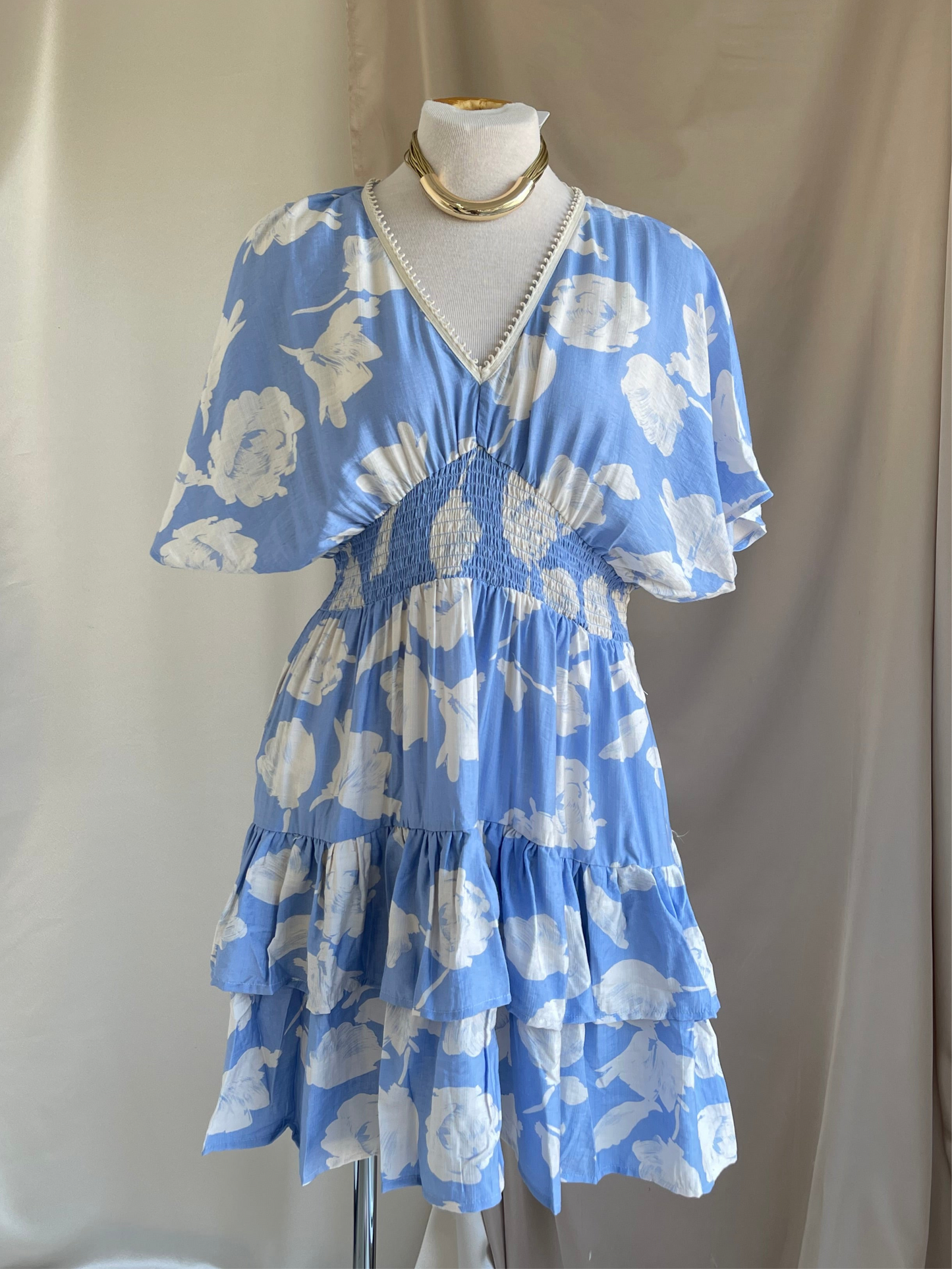 Stealing Looks Smocked-Tiered Mini Dress- Lt Blue