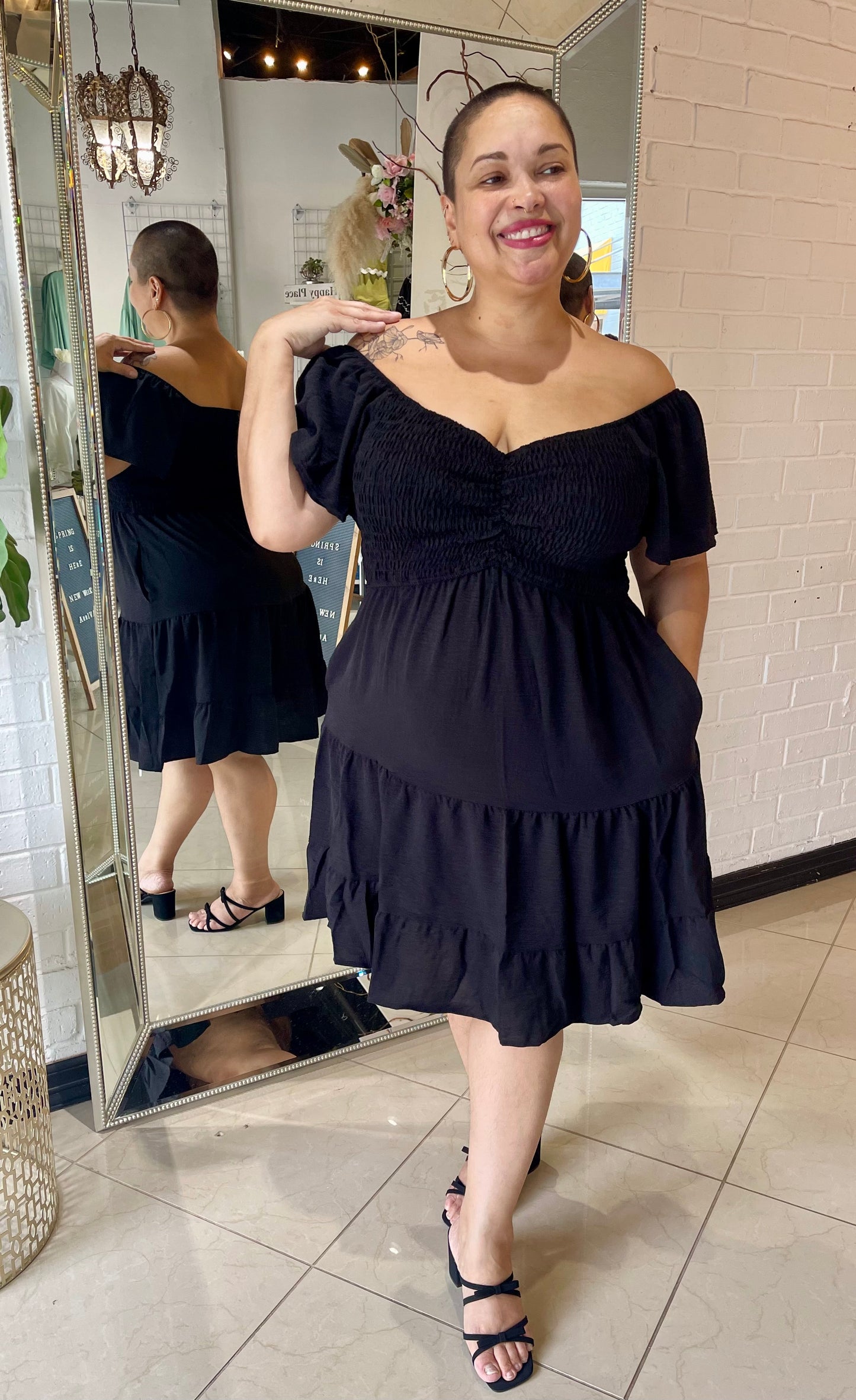 The Carrie Smocked Mini Dress - Black