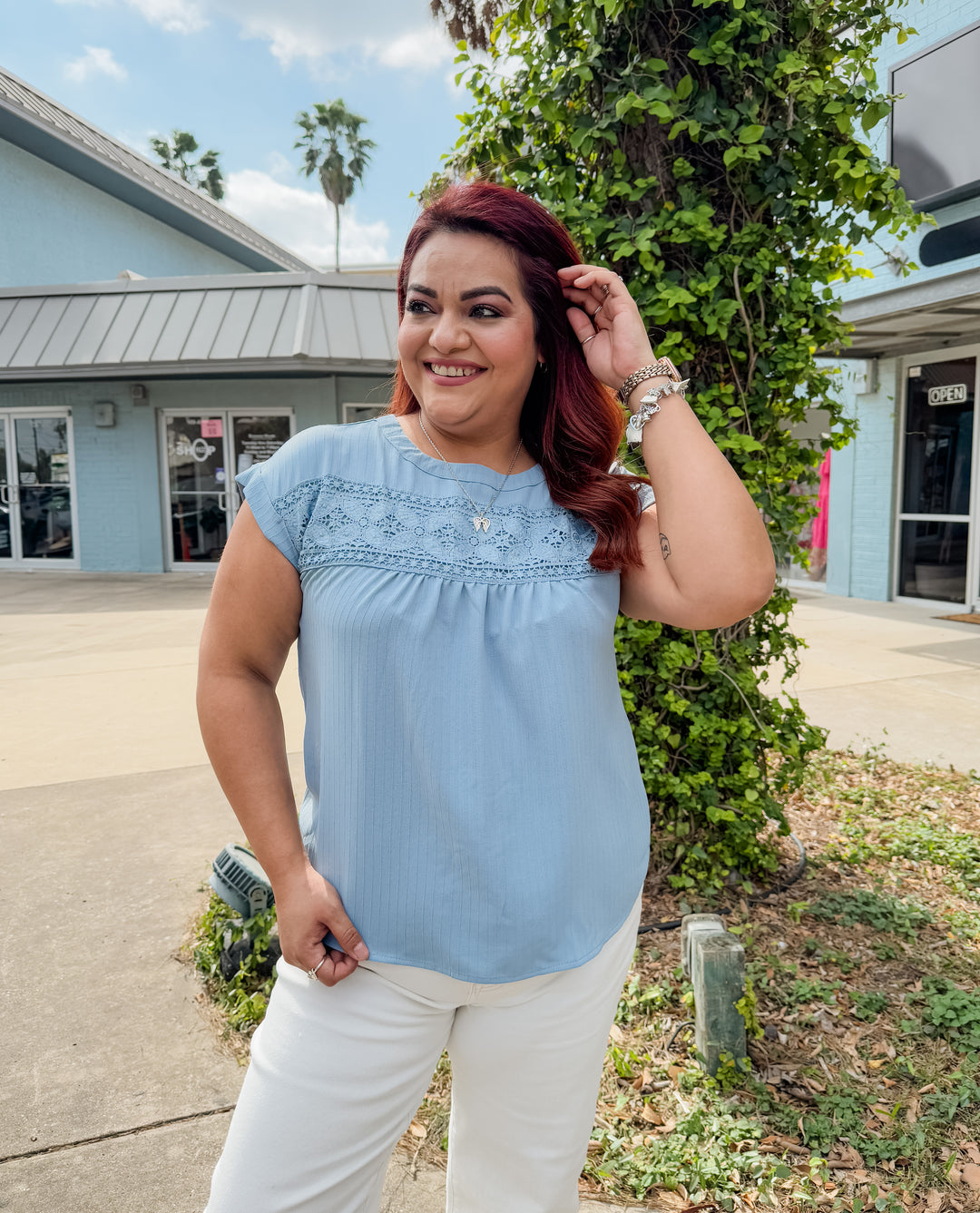 The Sherry Lace-Trim Back-Detail Top - Medium Blue