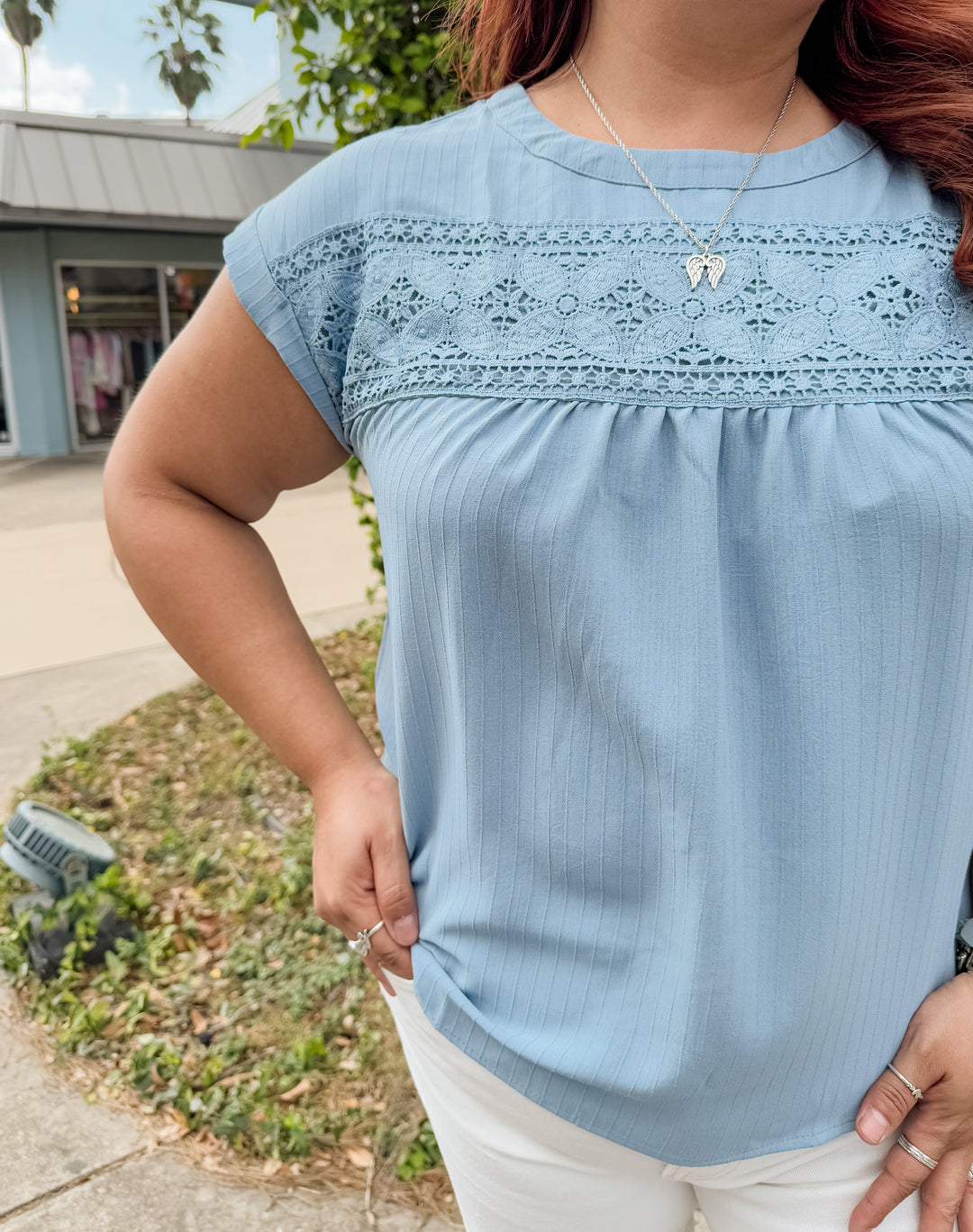 The Sherry Lace-Trim Back-Detail Top - Medium Blue