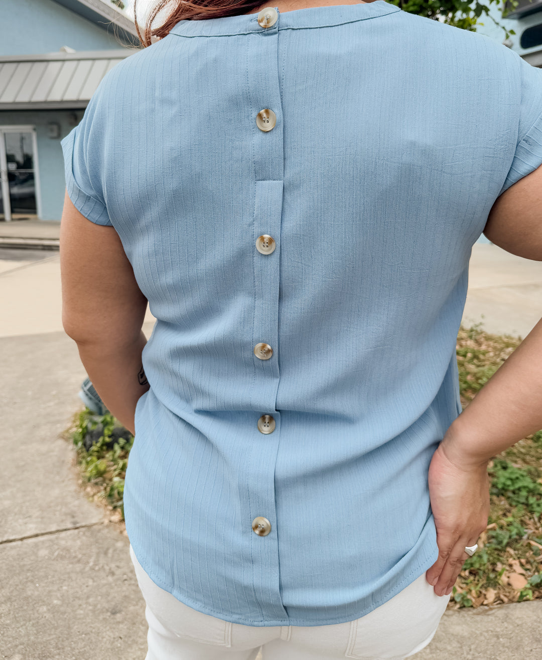 The Sherry Lace-Trim Back-Detail Top - Medium Blue