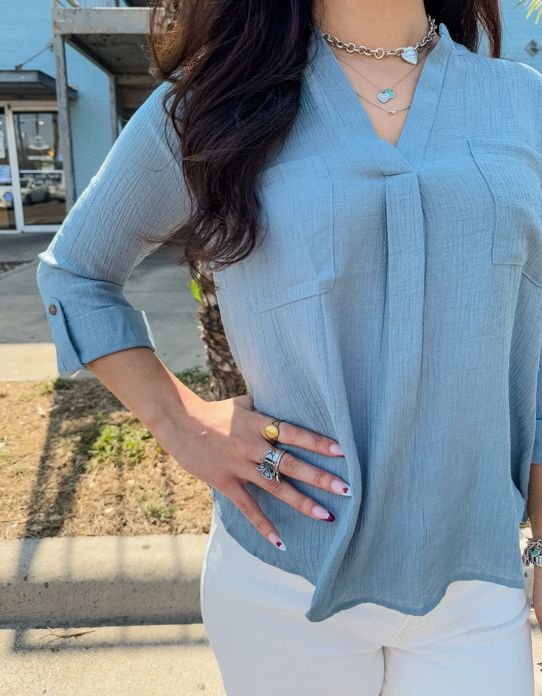 Onto The Office 3/4 Sleeve Top - Light Teal